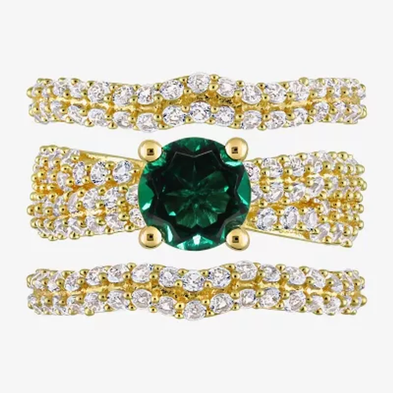 Modern Bride Gemstone Womens Lab Created Green Emerald 18K Gold Over Silver Round Bridal Set
