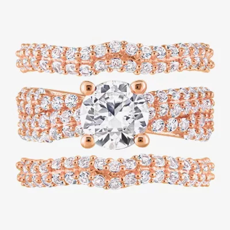 Womens Lab Created White Sapphire 18K Rose Gold Over Silver Round Bridal Set