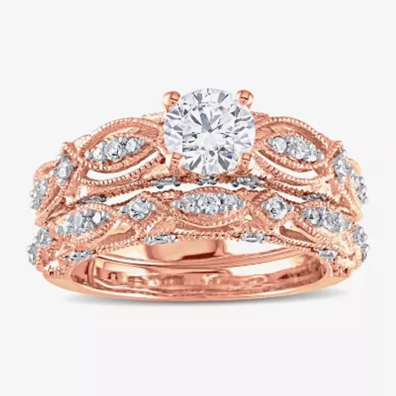 Modern Bride Gemstone Womens 1/10 CT. T.W. Lab Created White Sapphire 10K Rose Gold Round Bridal Set