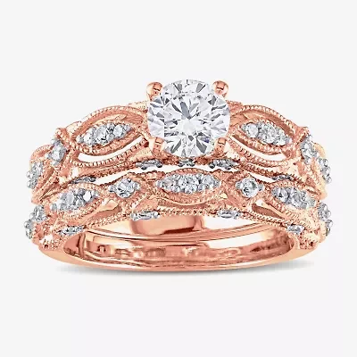 Modern Bride Gemstone Womens 1/10 CT. T.W. Lab Created White Sapphire 10K Rose Gold Round Bridal Set