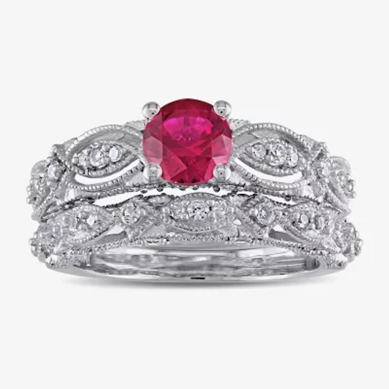 Modern Bride Gemstone Womens 1/10 CT. T.W. Lab Created Red Ruby 10K White Gold Bridal Set