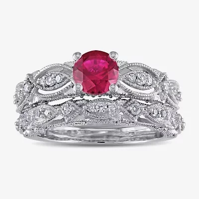 Modern Bride Gemstone Womens 1/10 CT. T.W. Lab Created Red Ruby 10K White Gold Bridal Set