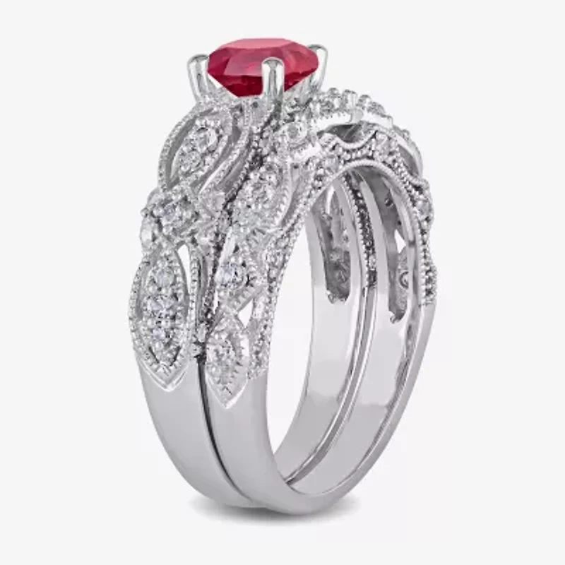 Modern Bride Gemstone Womens 1/10 CT. T.W. Lab Created Red Ruby 10K White Gold Bridal Set
