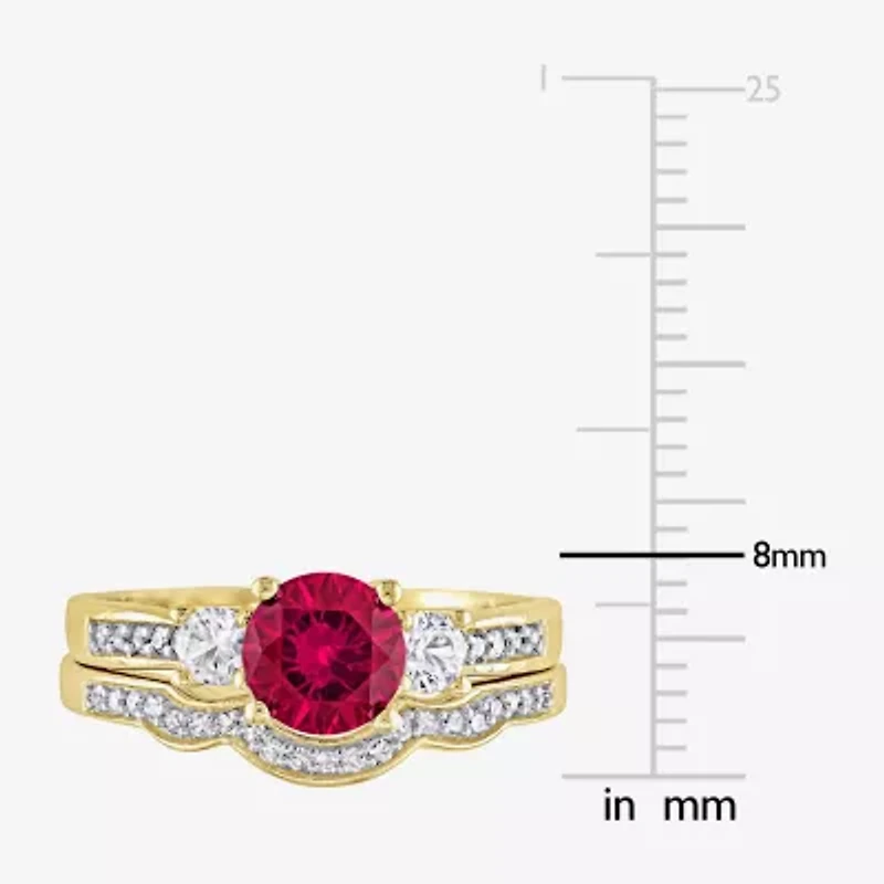 Modern Bride Gemstone Womens 1/8 CT. T.W. Lab Created Red Ruby 10K Gold 3-Stone Bridal Set