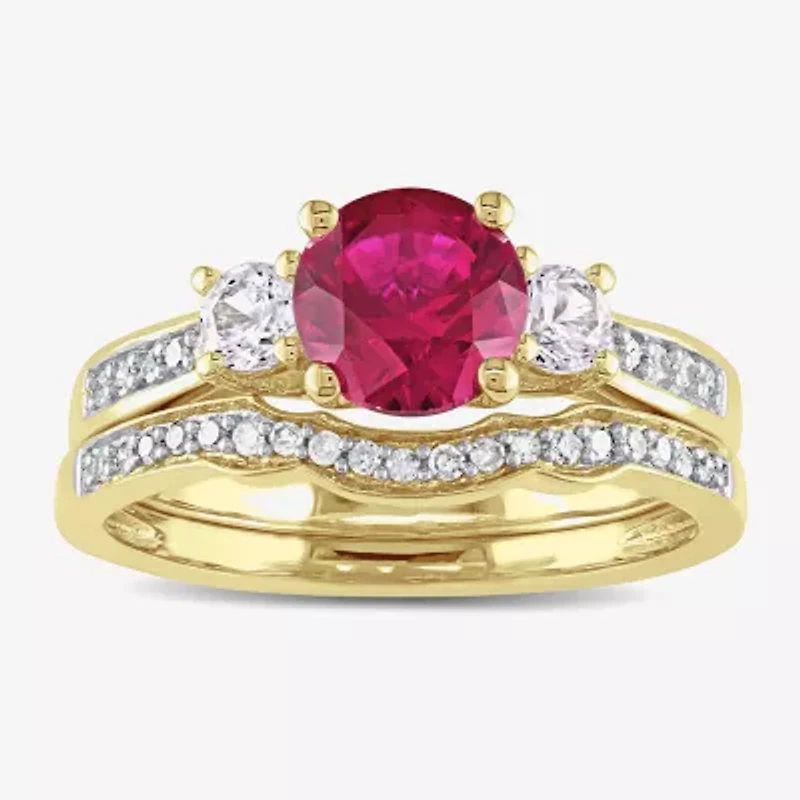 Modern Bride Gemstone Womens 1/8 CT. T.W. Lab Created Red Ruby 10K Gold 3-Stone Bridal Set