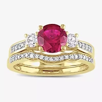 Modern Bride Gemstone Womens 1/8 CT. T.W. Lab Created Red Ruby 10K Gold 3-Stone Bridal Set