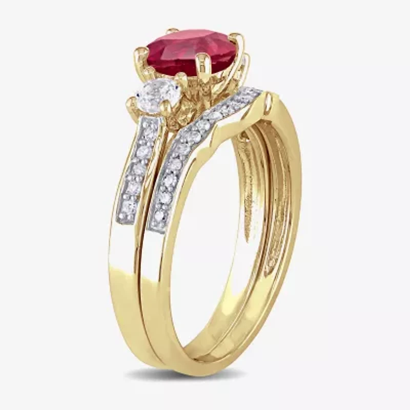 Modern Bride Gemstone Womens 1/8 CT. T.W. Lab Created Red Ruby 10K Gold 3-Stone Bridal Set