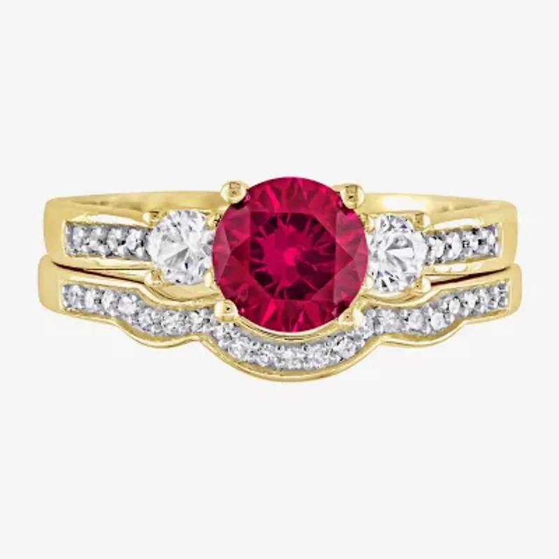 Modern Bride Gemstone Womens 1/8 CT. T.W. Lab Created Red Ruby 10K Gold 3-Stone Bridal Set