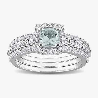 Modern Bride Gemstone Womens Genuine Blue Aquamarine Sterling Silver Cushion Side Stone Halo Bridal Set
