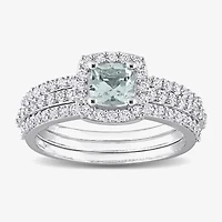 Modern Bride Gemstone Womens Genuine Blue Aquamarine Sterling Silver Cushion Side Stone Halo Bridal Set
