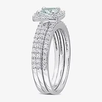 Modern Bride Gemstone Womens Genuine Blue Aquamarine Sterling Silver Cushion Side Stone Halo Bridal Set