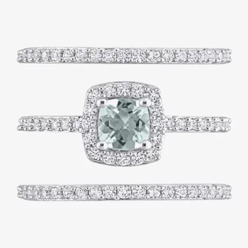 Modern Bride Gemstone Womens Genuine Blue Aquamarine Sterling Silver Cushion Side Stone Halo Bridal Set