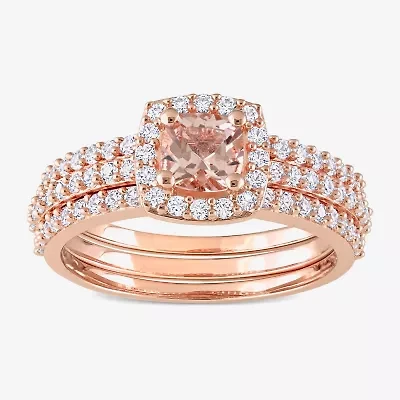 Modern Bride Gemstone Womens Genuine Pink Morganite 18K Rose Gold Over Silver Cushion Side Stone Halo Bridal Set