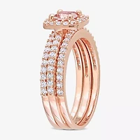 Modern Bride Gemstone Womens Genuine Pink Morganite 18K Rose Gold Over Silver Cushion Side Stone Halo Bridal Set
