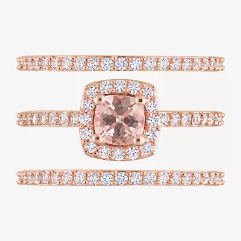 Modern Bride Gemstone Womens Genuine Pink Morganite 18K Rose Gold Over Silver Cushion Side Stone Halo Bridal Set