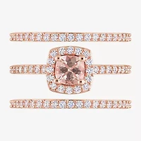 Modern Bride Gemstone Womens Genuine Pink Morganite 18K Rose Gold Over Silver Cushion Side Stone Halo Bridal Set