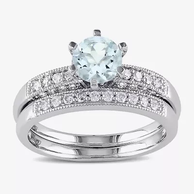 Modern Bride Gemstone Womens 1/3 CT. T.W. Genuine Blue Aquamarine 10K White Gold Round Side Stone Bridal Set