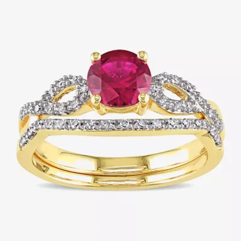 Modern Bride Gemstone Womens 1/7 CT. T.W. Lab Created Red Ruby 10K Gold Side Stone Bridal Set