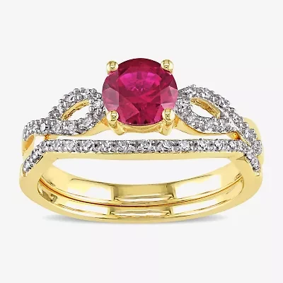 Modern Bride Gemstone Womens 1/7 CT. T.W. Lab Created Red Ruby 10K Gold Side Stone Bridal Set