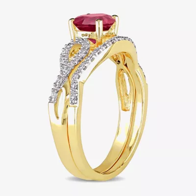 Modern Bride Gemstone Womens 1/7 CT. T.W. Lab Created Red Ruby 10K Gold Side Stone Bridal Set