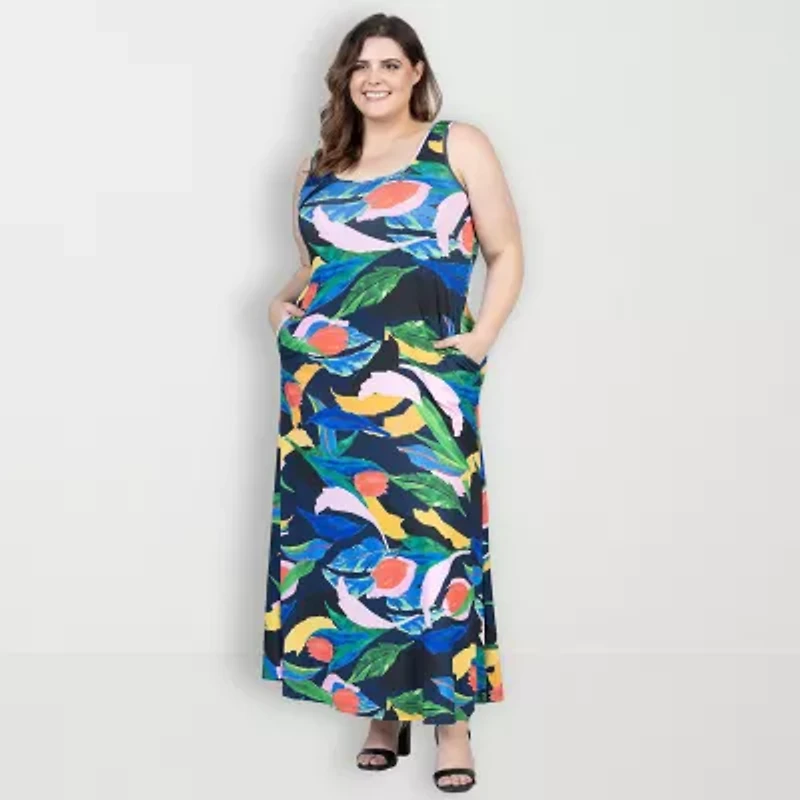 24seven Comfort Apparel Womens Sleeveless Floral Plus Maxi Dress