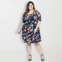 24seven Comfort Apparel Womens Elbow Sleeve Geometric Plus A-Line Dress