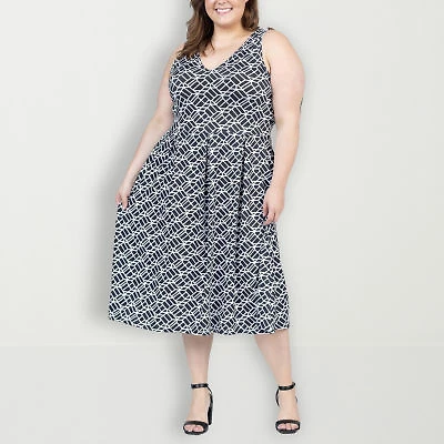 24seven Comfort Apparel Womens Sleeveless Geometric Midi Plus Fit + Flare Dress