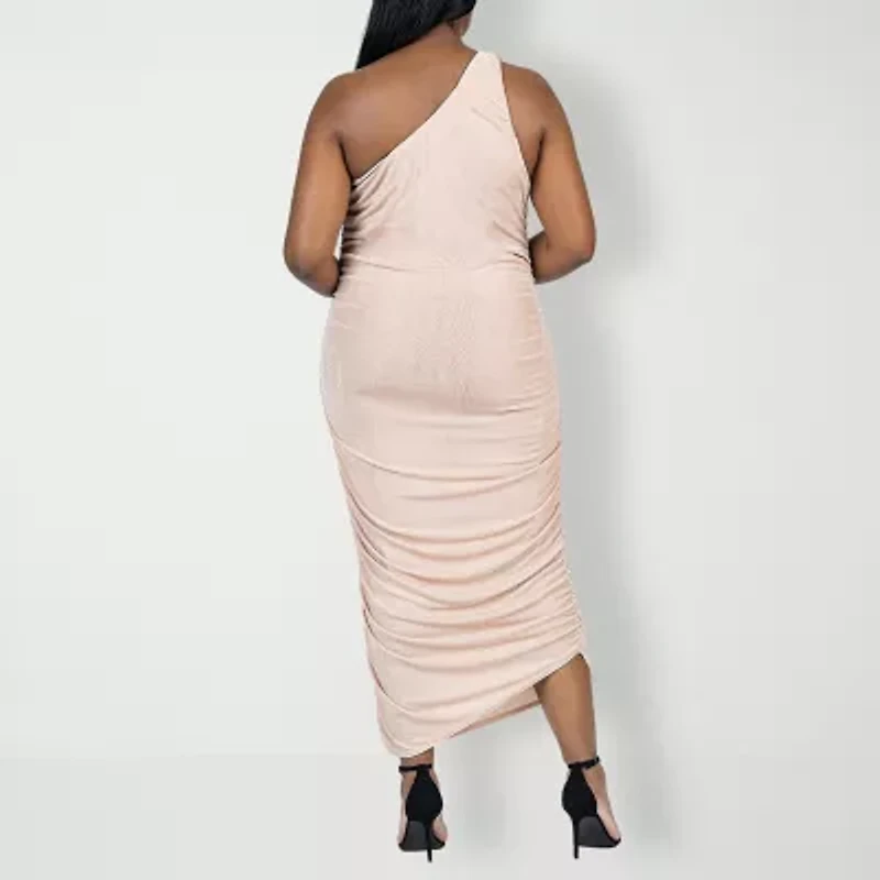 24seven Comfort Apparel Womens Plus Midi Asymmetrical Neck Sleeveless Casual  Bodycon Dress