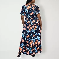 24seven Comfort Apparel Womens Short Sleeve Floral High-Low Wrap Dress Plus