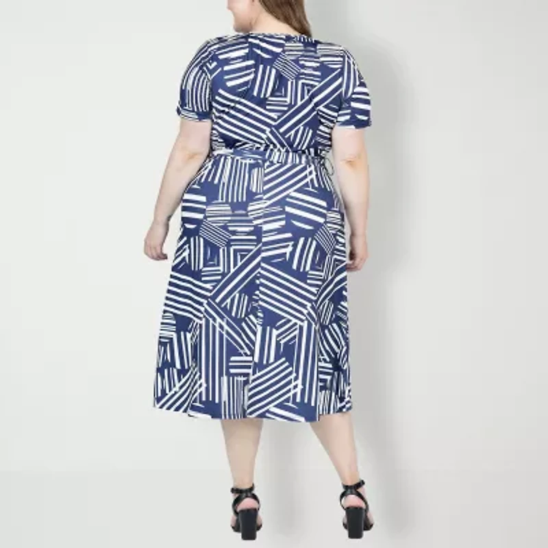 24seven Comfort Apparel Womens Short Sleeve Floral Plus A-Line Dress