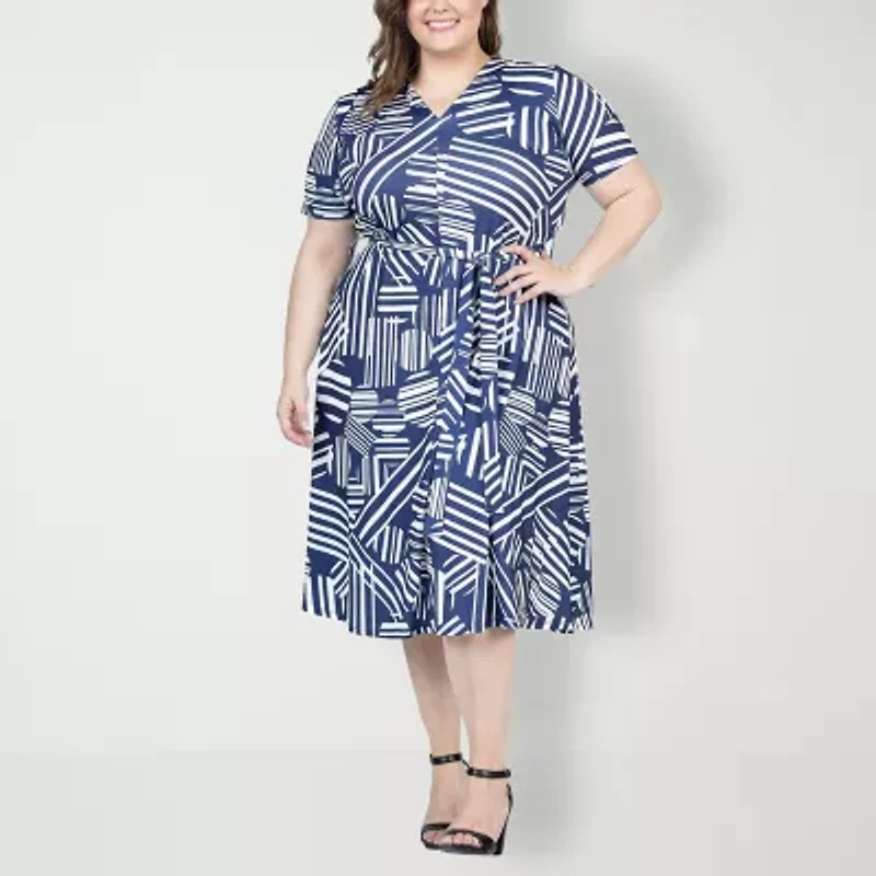 24seven Comfort Apparel Womens Short Sleeve Floral Plus A-Line Dress