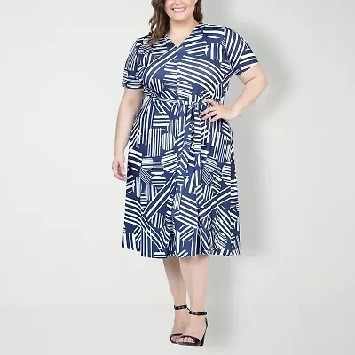24seven Comfort Apparel Womens Short Sleeve Floral Plus A-Line Dress