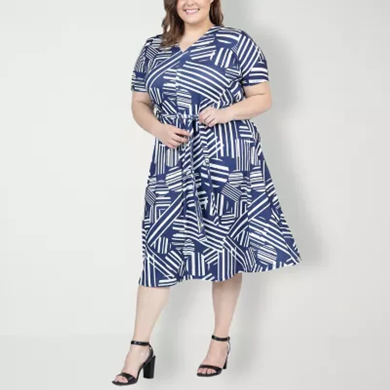 24seven Comfort Apparel Womens Short Sleeve Floral Plus A-Line Dress