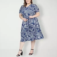 24seven Comfort Apparel Womens Short Sleeve Floral Plus A-Line Dress