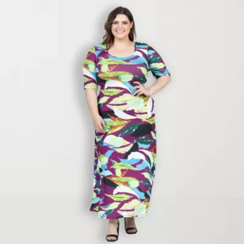 24seven Comfort Apparel Womens Plus Elbow Sleeve Floral Maxi Dress