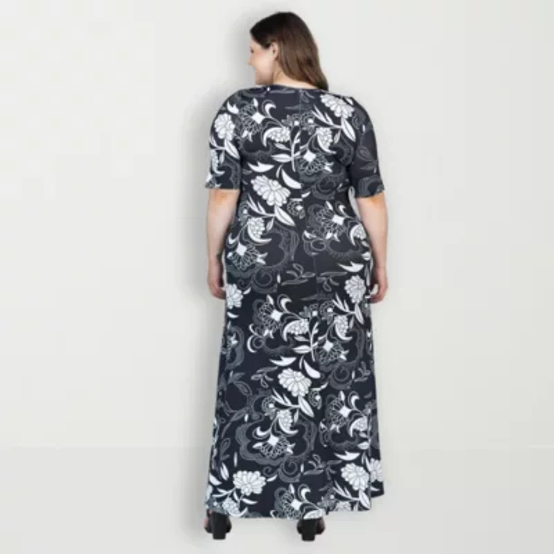 24seven Comfort Apparel Womens Elbow Sleeve Floral Plus Maxi Dress