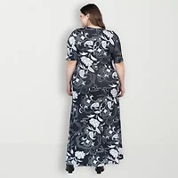 24seven Comfort Apparel Womens Elbow Sleeve Floral Plus Maxi Dress