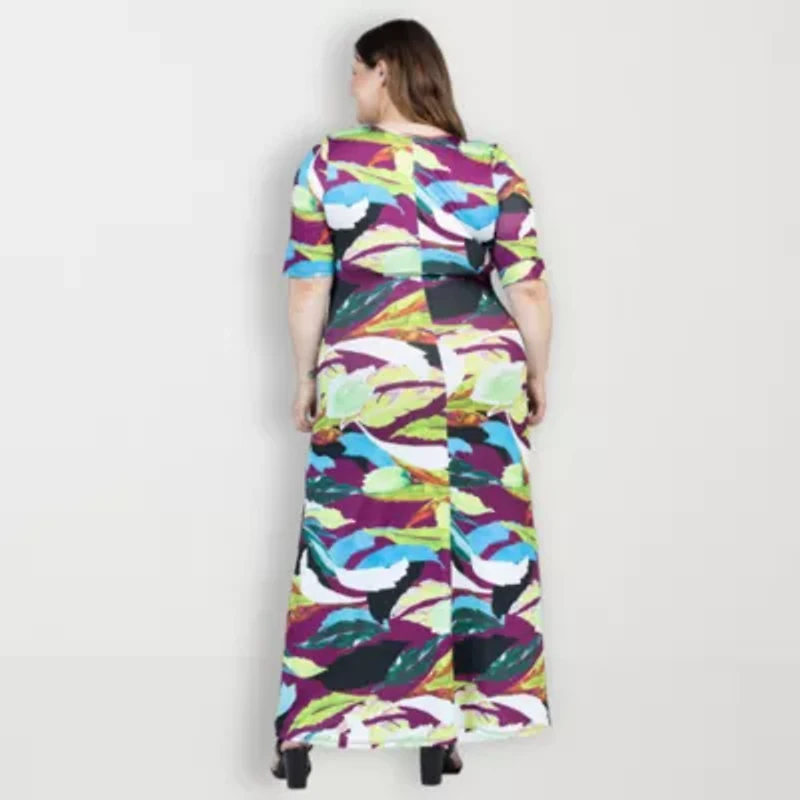 24seven Comfort Apparel Womens Plus Elbow Sleeve Floral Maxi Dress