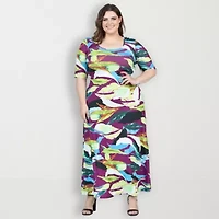 24seven Comfort Apparel Womens Plus Elbow Sleeve Floral Maxi Dress