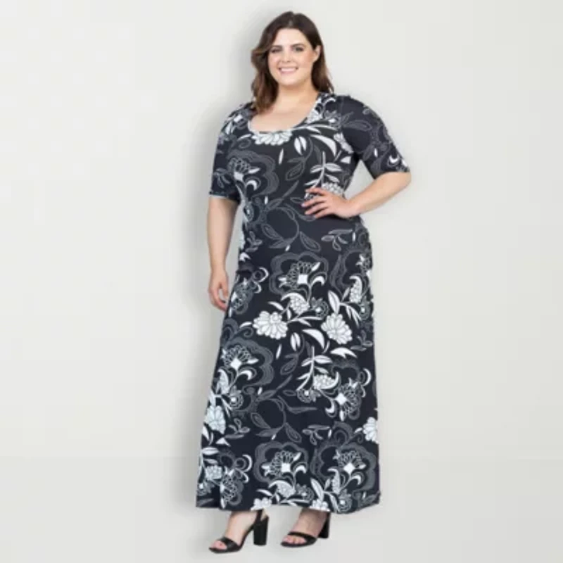 24seven Comfort Apparel Womens Elbow Sleeve Floral Plus Maxi Dress