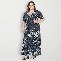 24seven Comfort Apparel Womens Elbow Sleeve Floral Plus Maxi Dress