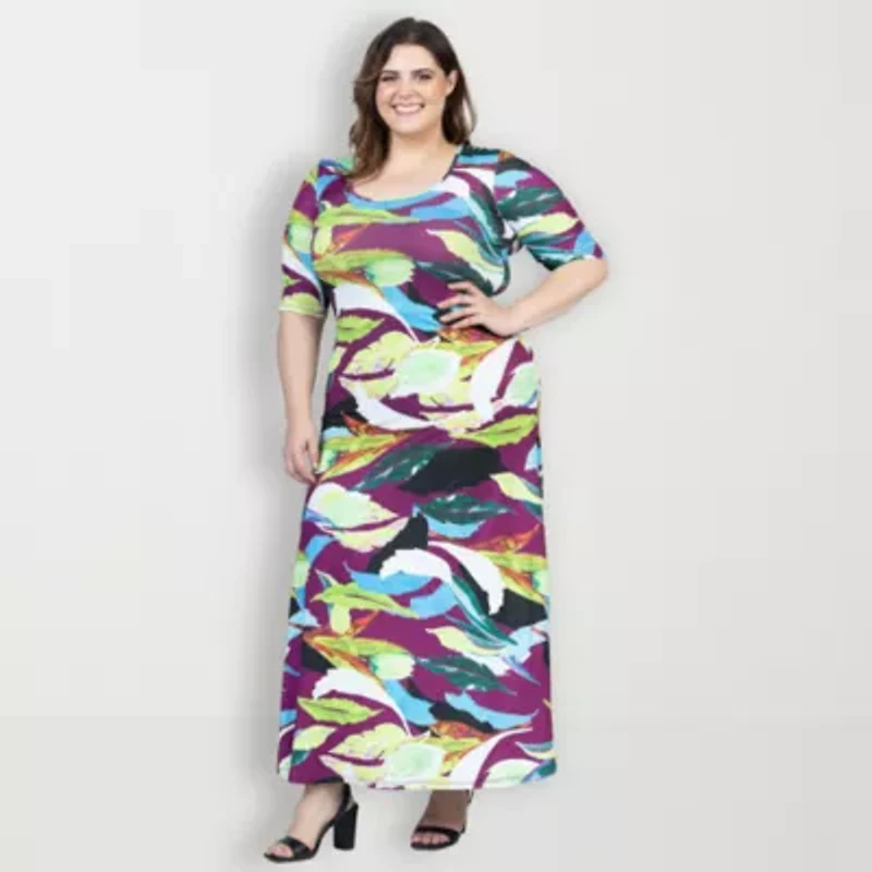 24seven Comfort Apparel Womens Plus Elbow Sleeve Floral Maxi Dress