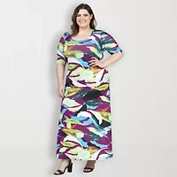24seven Comfort Apparel Womens Plus Elbow Sleeve Floral Maxi Dress
