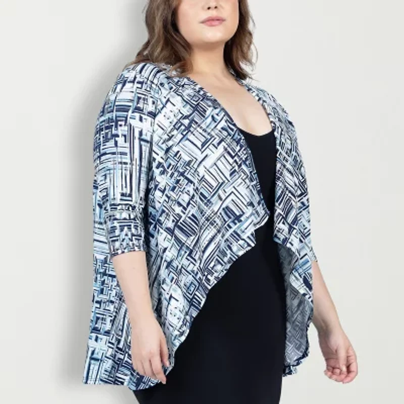 24seven Comfort Apparel Womens Elbow Sleeve Open Front Plus Geometric Cardigan