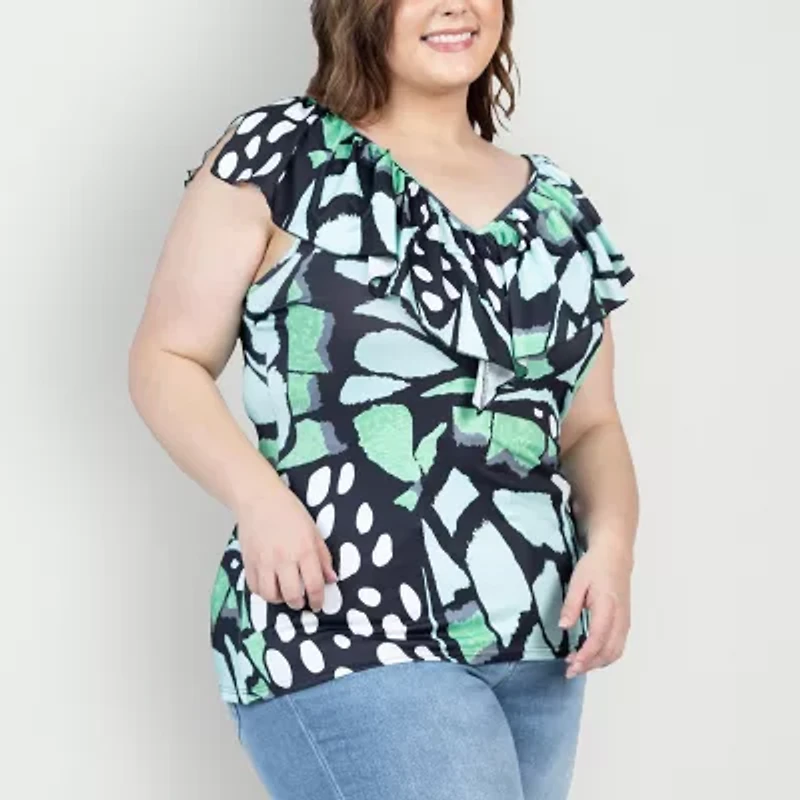 24seven Comfort Apparel Plus Womens V Neck Short Sleeve Tunic Top