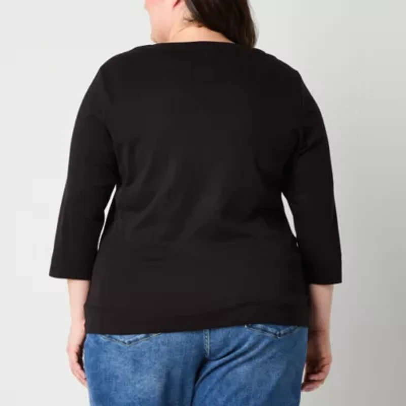 St. John's Bay Womens V Neck 3/4 Sleeve Plus T-Shirt