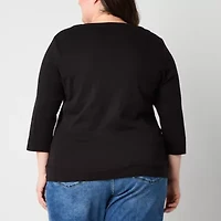 St. John's Bay Womens V Neck 3/4 Sleeve Plus T-Shirt