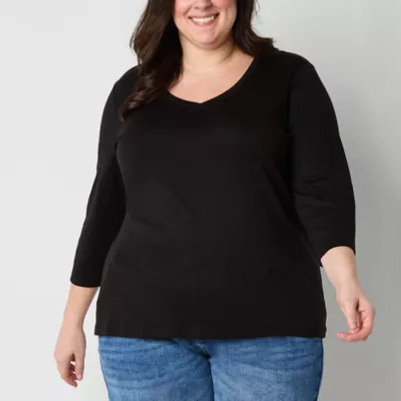 St. John's Bay Womens V Neck 3/4 Sleeve Plus T-Shirt