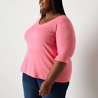 St. John's Bay Womens Easy-on + Easy-off V Neck 3/4 Sleeve Adaptive Plus T-Shirt