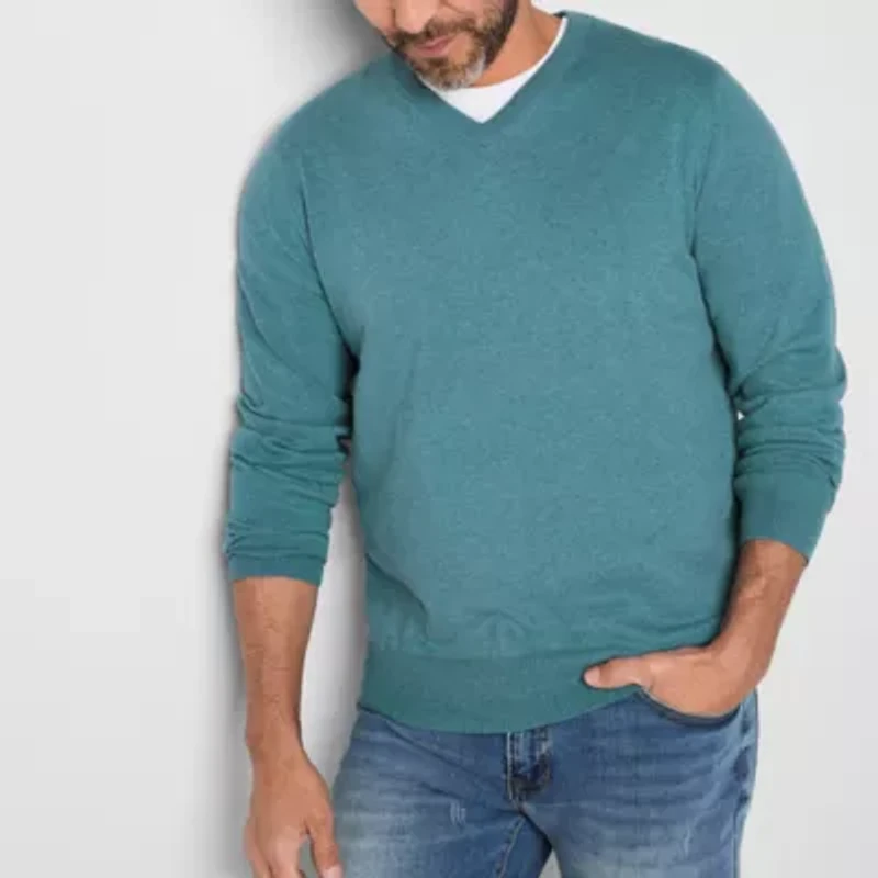 St. John's Bay Fine Gauge Mens V Neck Long Sleeve Pullover Sweater